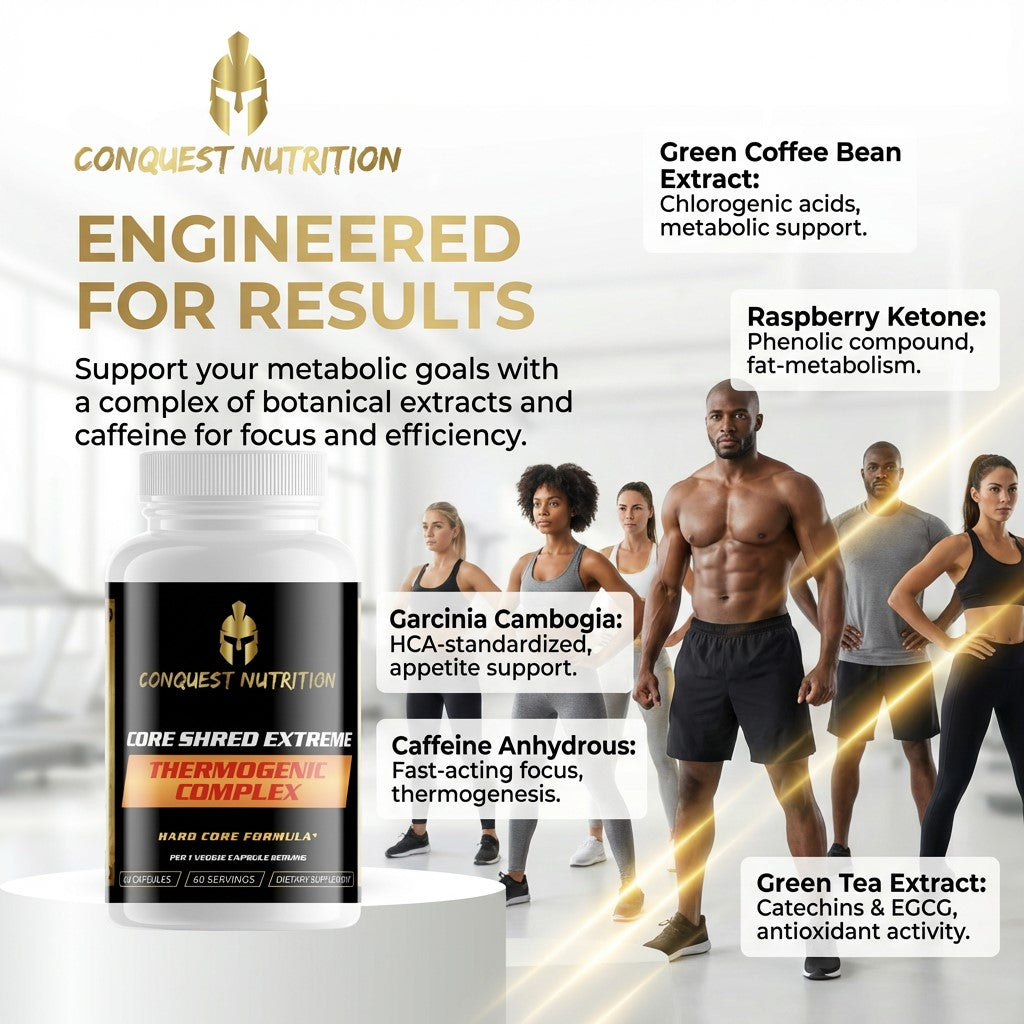 Conquest Nutrition supplement bottle with product details and people in the background