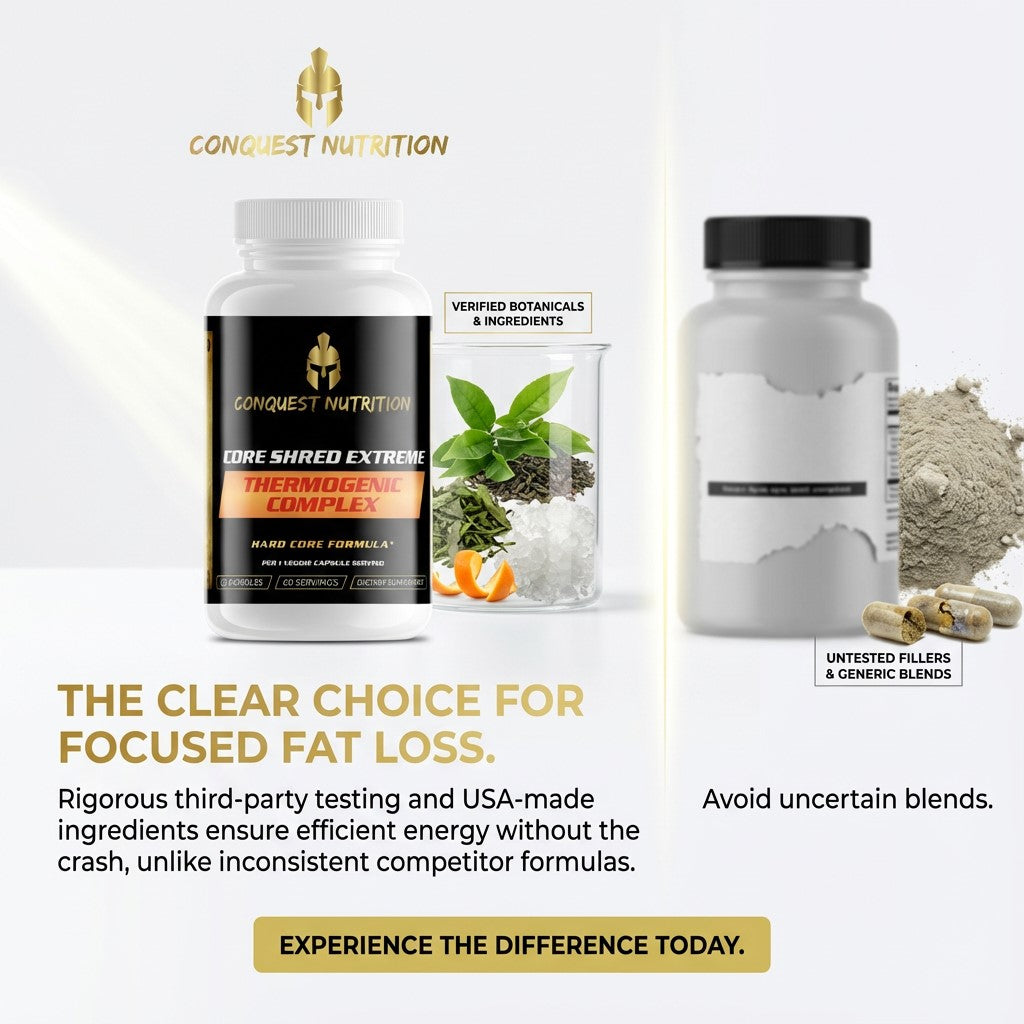 Advertisement for Conquest Nutrition supplements with product packaging and text on a white background.