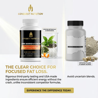 Advertisement for Conquest Nutrition supplements with product packaging and text on a white background.