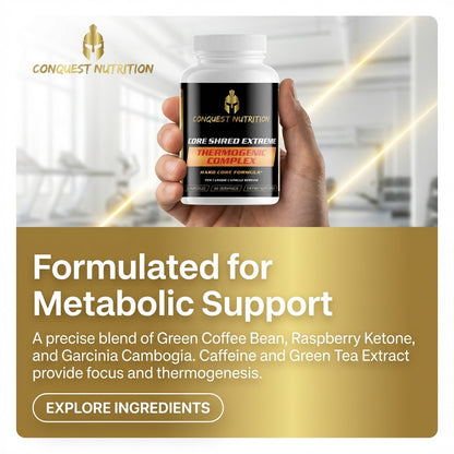 Hand holding a supplement bottle with 'Conquest Nutrition' branding, set against a blurred indoor background.