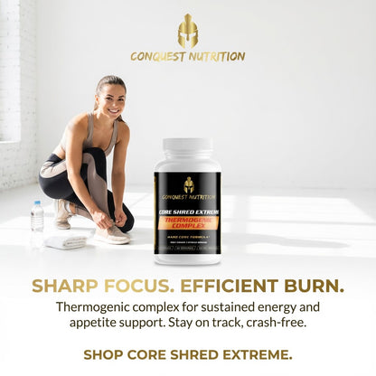 Advertisement for Conquest Nutrition Core Shred Extreme supplement with a woman exercising in the background.