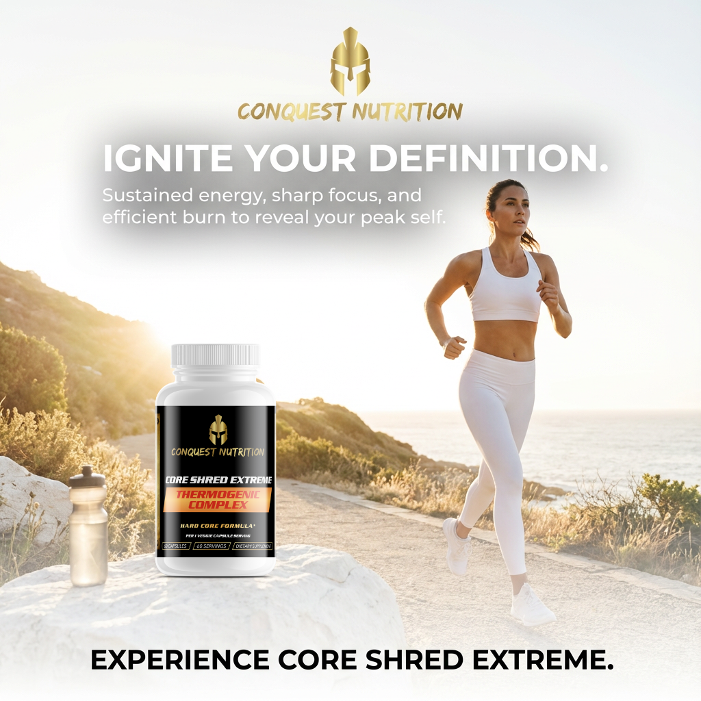 Conquest Nutrition Core Shred Extreme supplement with a woman running on a path in the background.