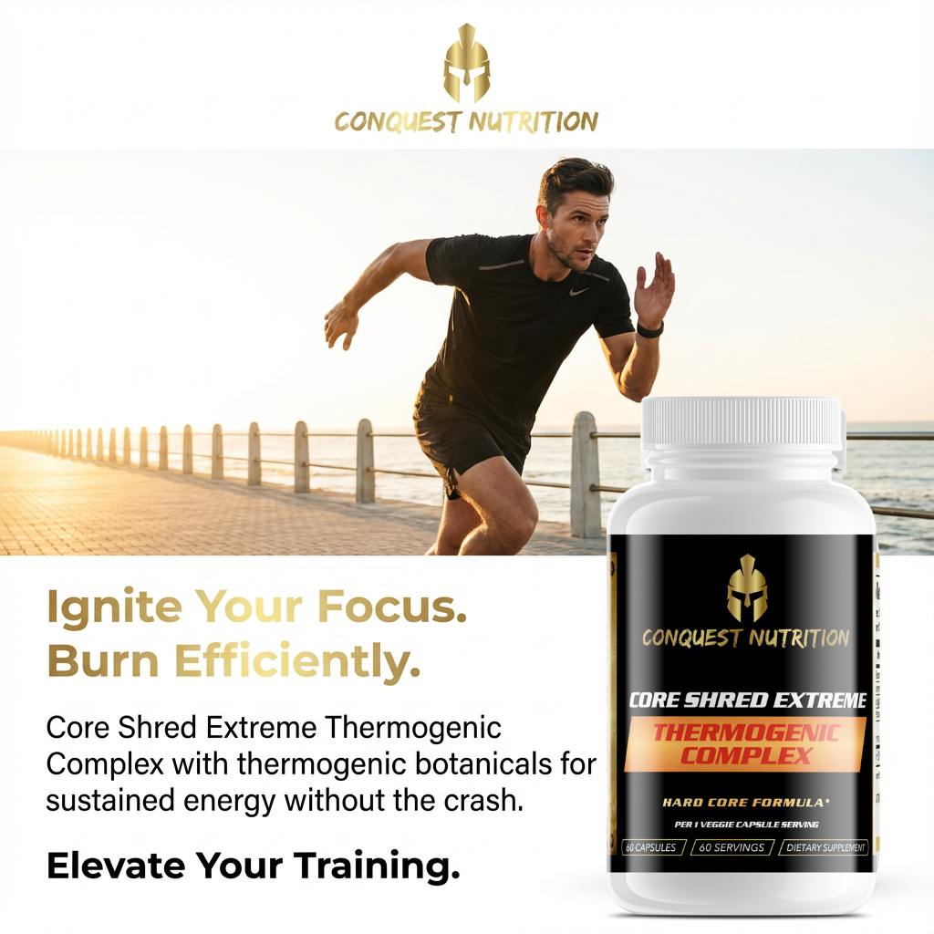 Advertisement for Conquest Nutrition Core Shred Extreme Thermogenic Complex with a person running on a path.