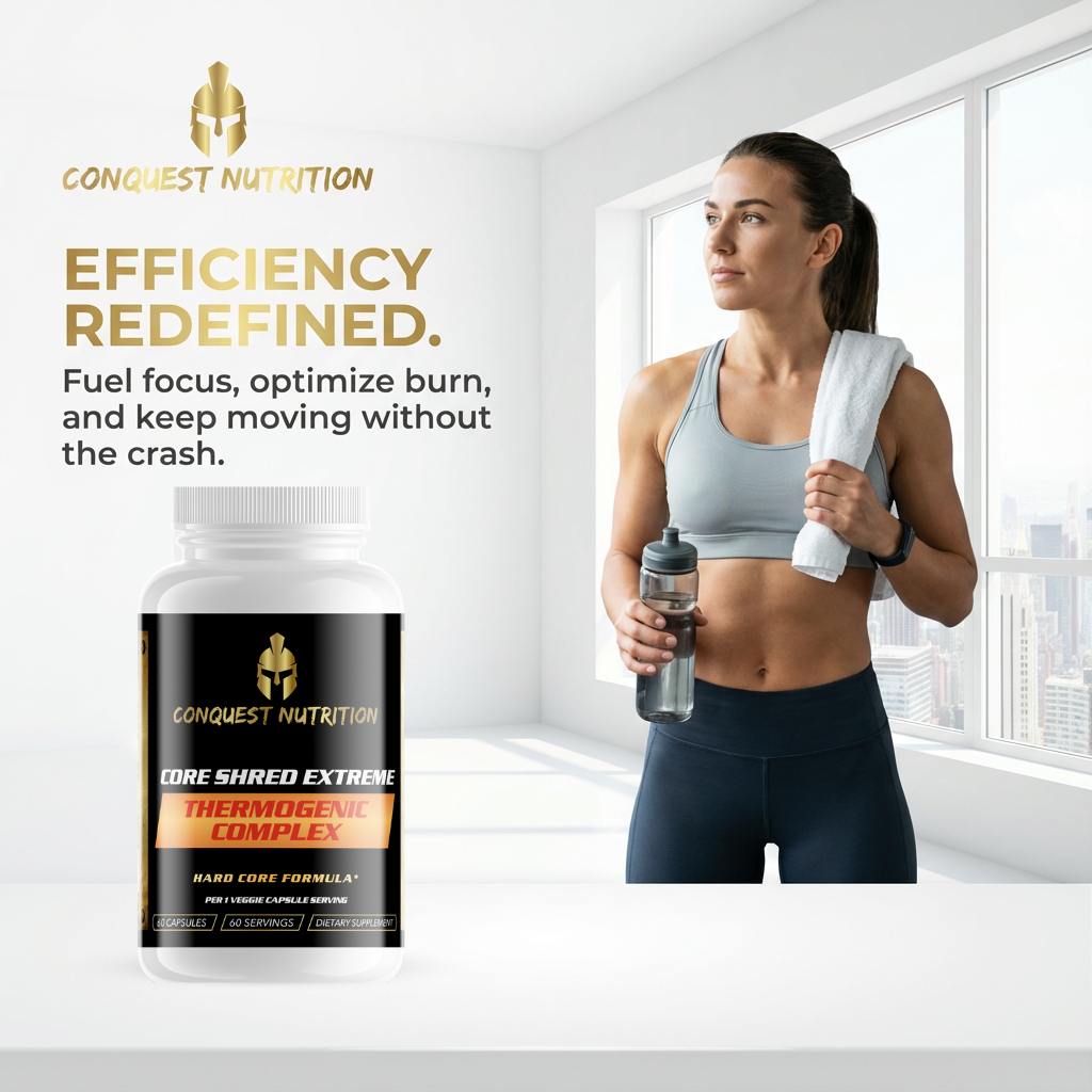 Woman in athletic wear holding a water bottle next to Conquest Nutrition supplement bottle.