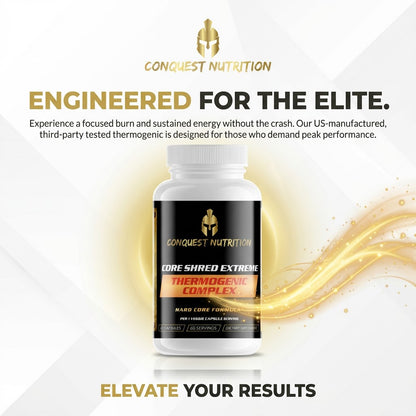 Conquest Nutrition thermogenic supplement bottle with promotional text on a white background