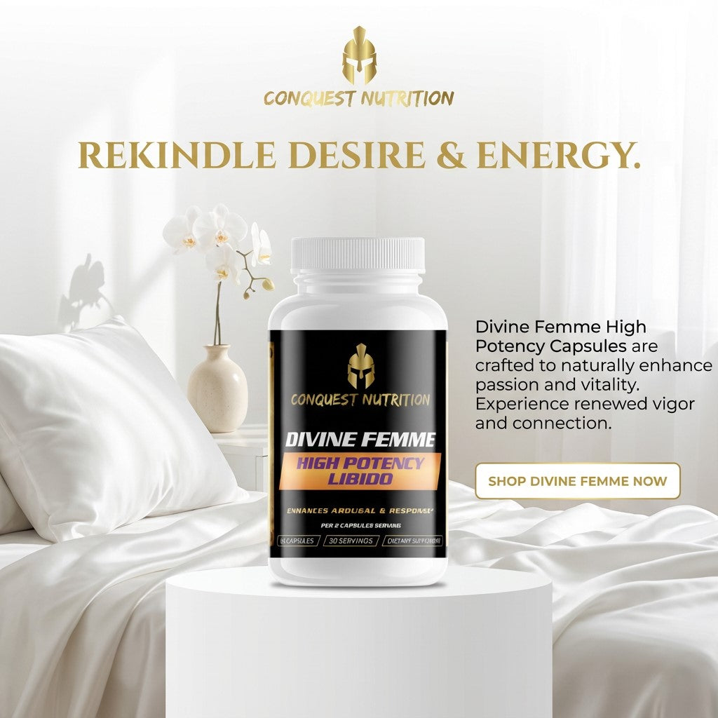 Conquest Nutrition Divine Femme High Potency Capsules on a white surface with bedroom background