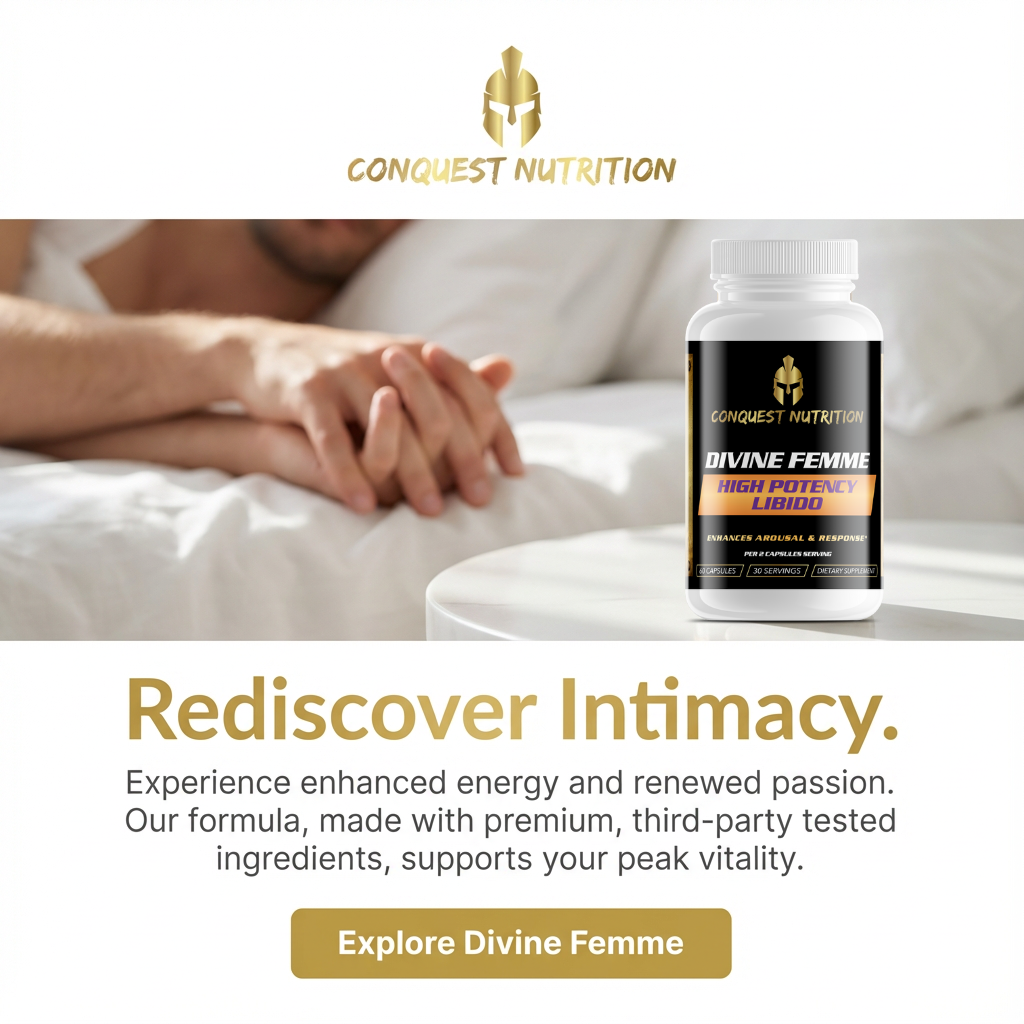 Advertisement for Conquest Nutrition Divine Femme supplement with a blurred background of a couple holding hands.