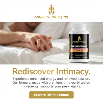 Advertisement for Conquest Nutrition Divine Femme supplement with a blurred background of a couple holding hands.