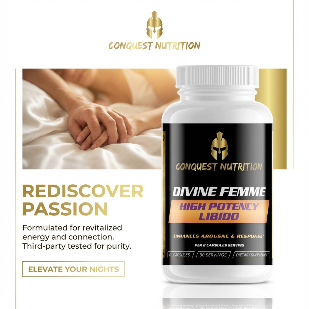 Bottle of Conquest Nutrition Divine Femme supplement with promotional text on a white background