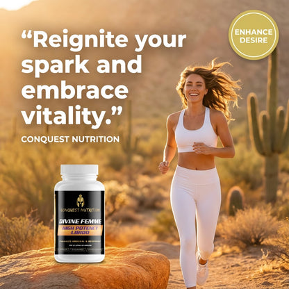 Woman running in a desert with Conquest Nutrition supplement bottle and text overlay.