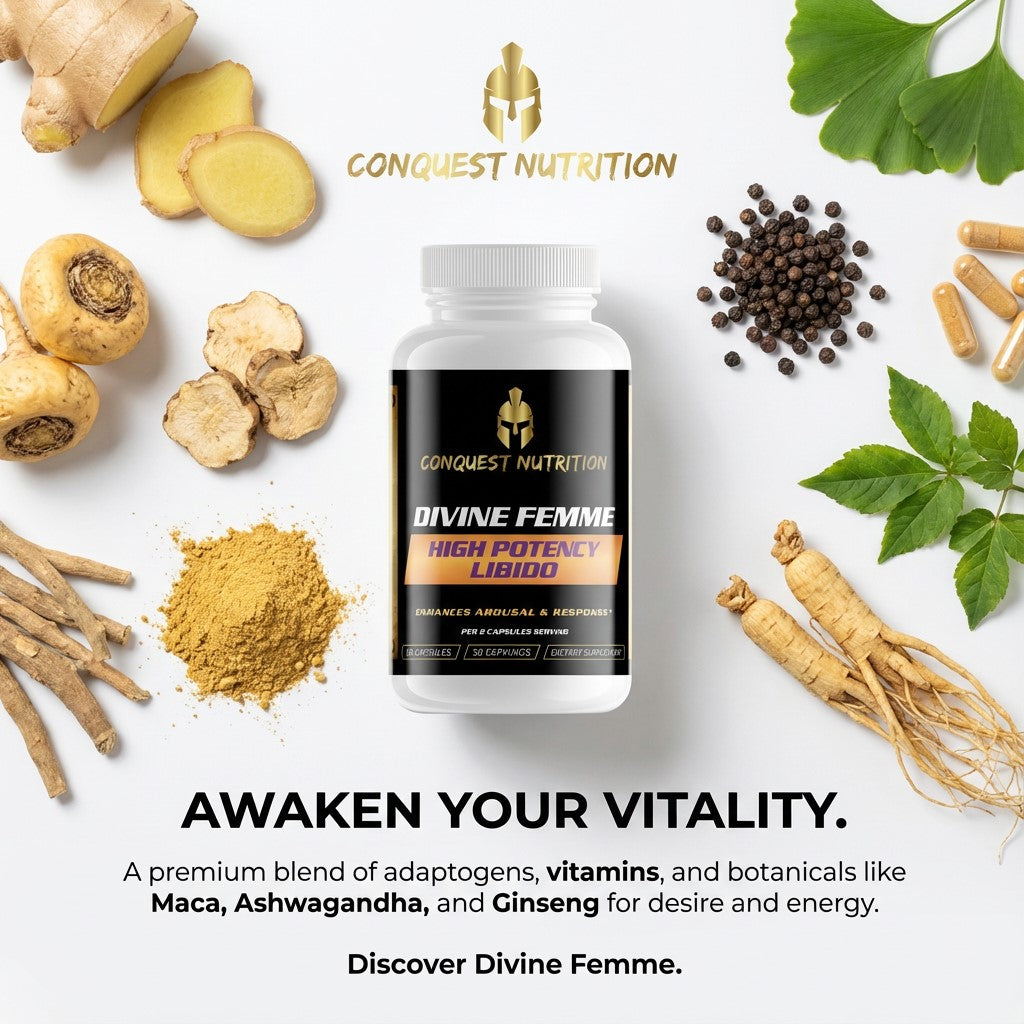 Conquest Nutrition Divine Femme supplement bottle surrounded by natural ingredients on a white background