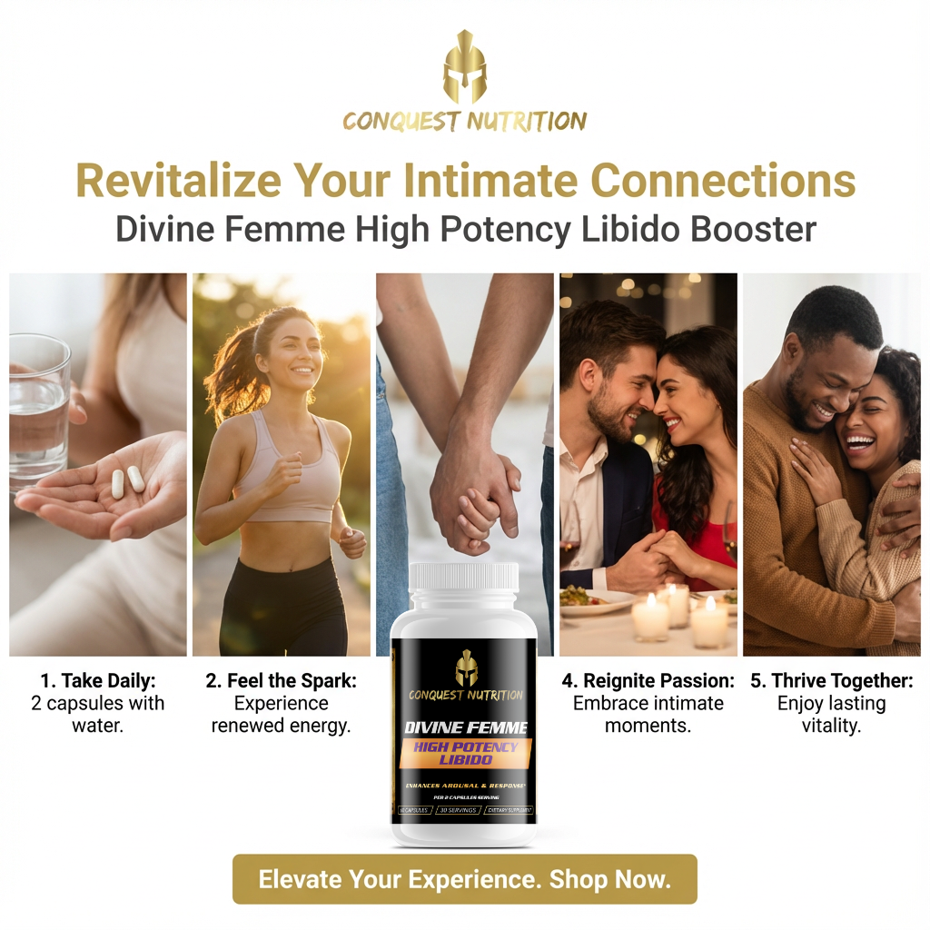 Advertisement for Conquest Nutrition Divine Femme High Potency Libido Booster with lifestyle images and product packaging.