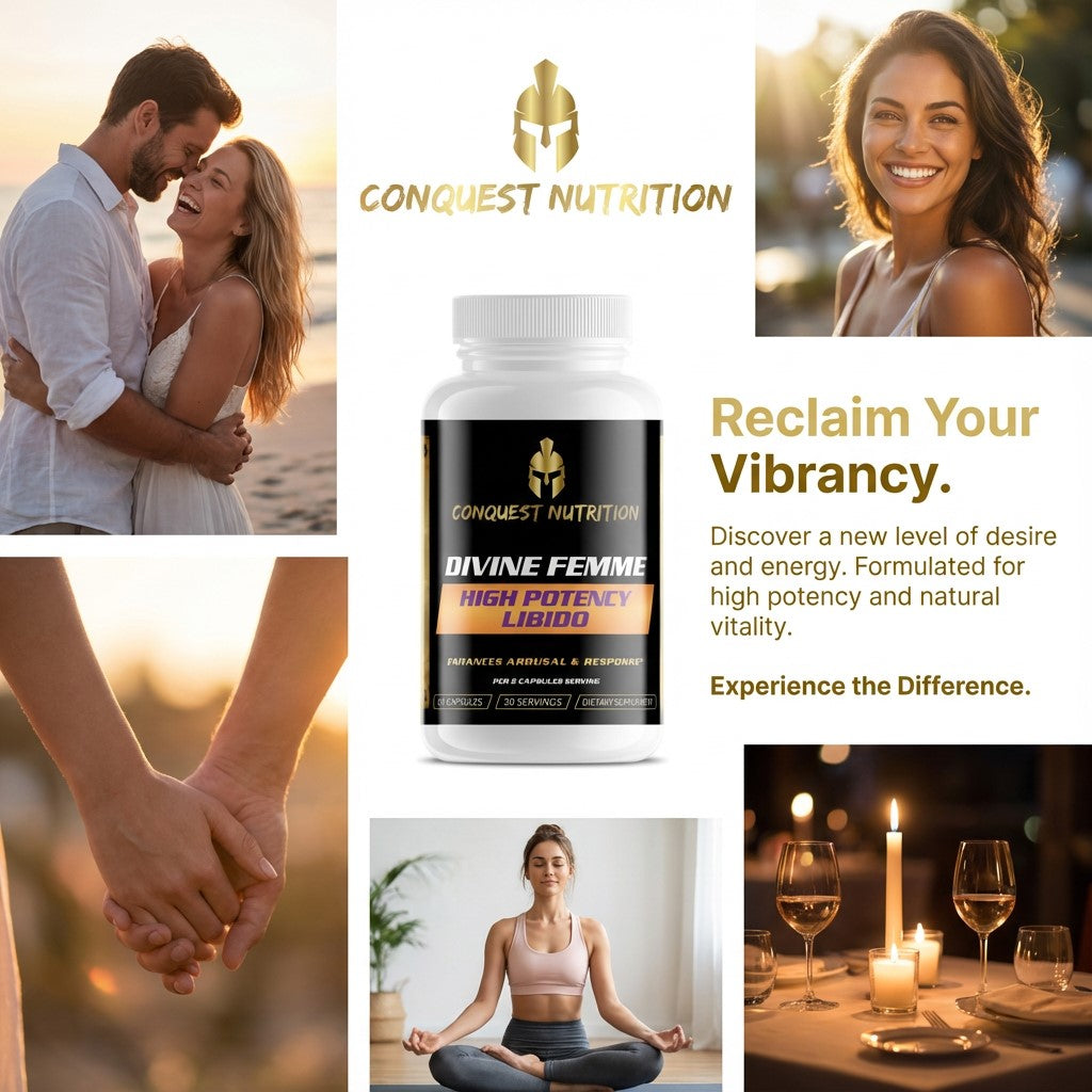 Advertisement for Conquest Nutrition Divine Femme supplement with lifestyle images and text.