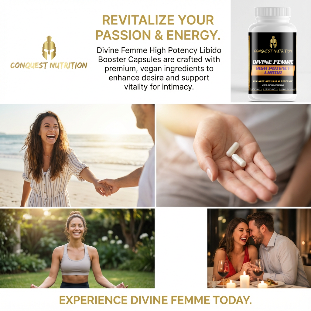 Advertisement for Conquest Nutrition Divine Femme High Potency Libido Booster Capsules with images of a couple, pills, and text about enhancing passion and energy.
