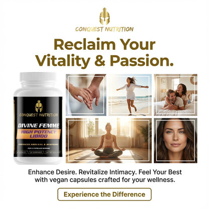 Advertisement for Conquest Nutrition Divine Femme supplement with lifestyle images and text.