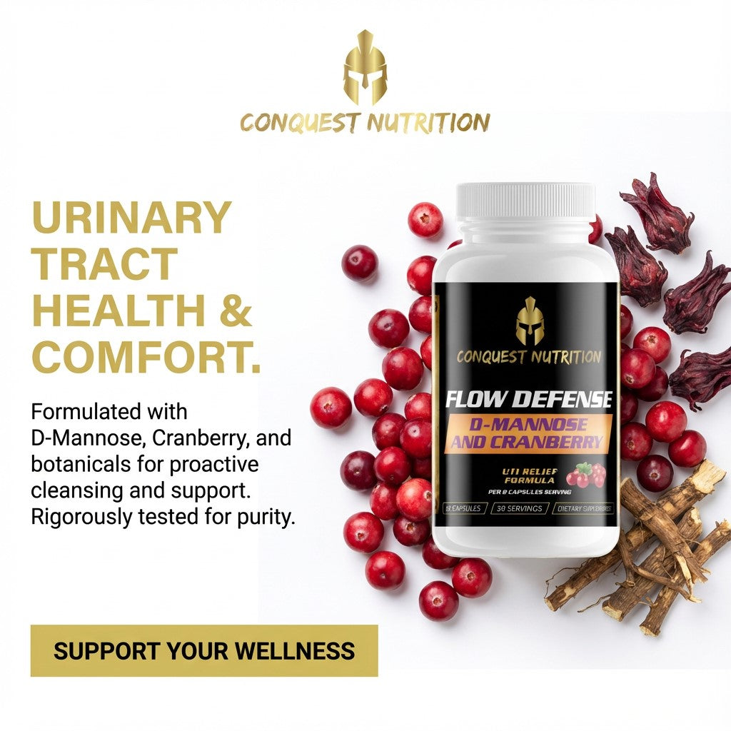 Conquest Nutrition Flow Defense supplement bottle with cranberries and roots on a white background