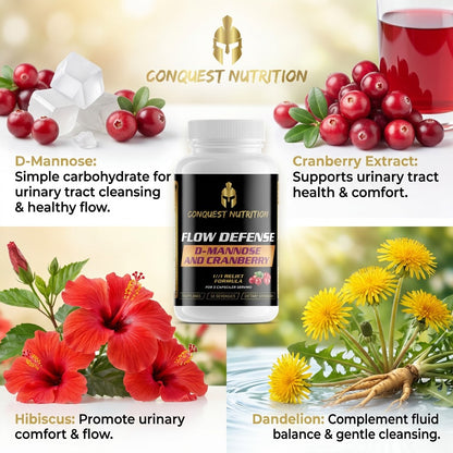 Conquest Nutrition Flow Defense supplement bottle with natural ingredients and benefits displayed.