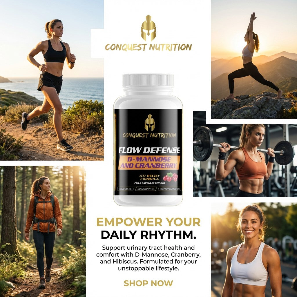 Conquest Nutrition supplement bottle with lifestyle images of a woman exercising outdoors.