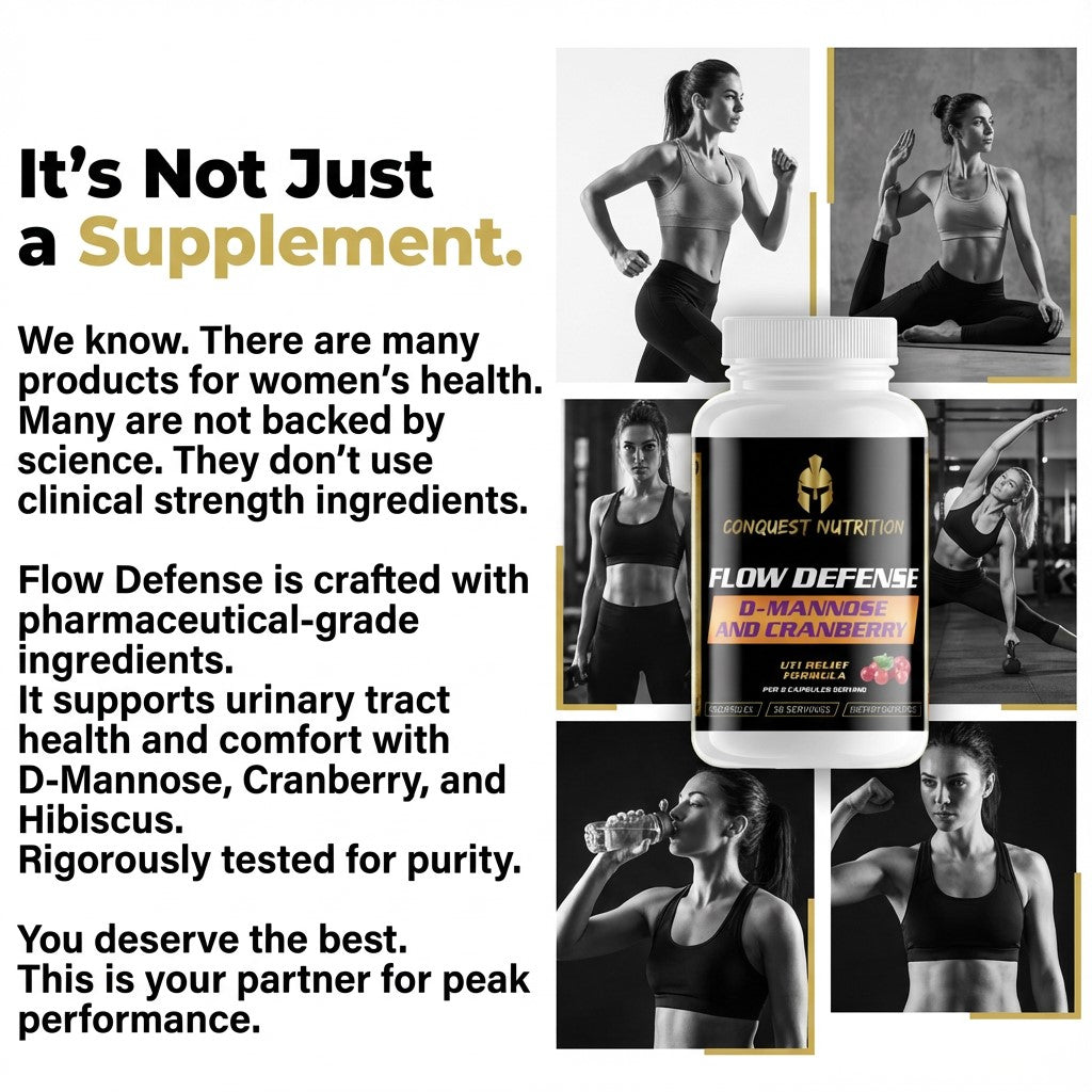Advertisement for Conquest Nutrition Flow Defense supplement with images of women exercising and text about product benefits.