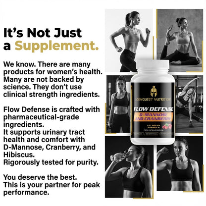 Advertisement for Conquest Nutrition Flow Defense supplement with images of women exercising and text about product benefits.
