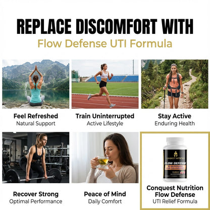 Advertisement for Flow Defense UTI Formula with lifestyle images and product packaging.