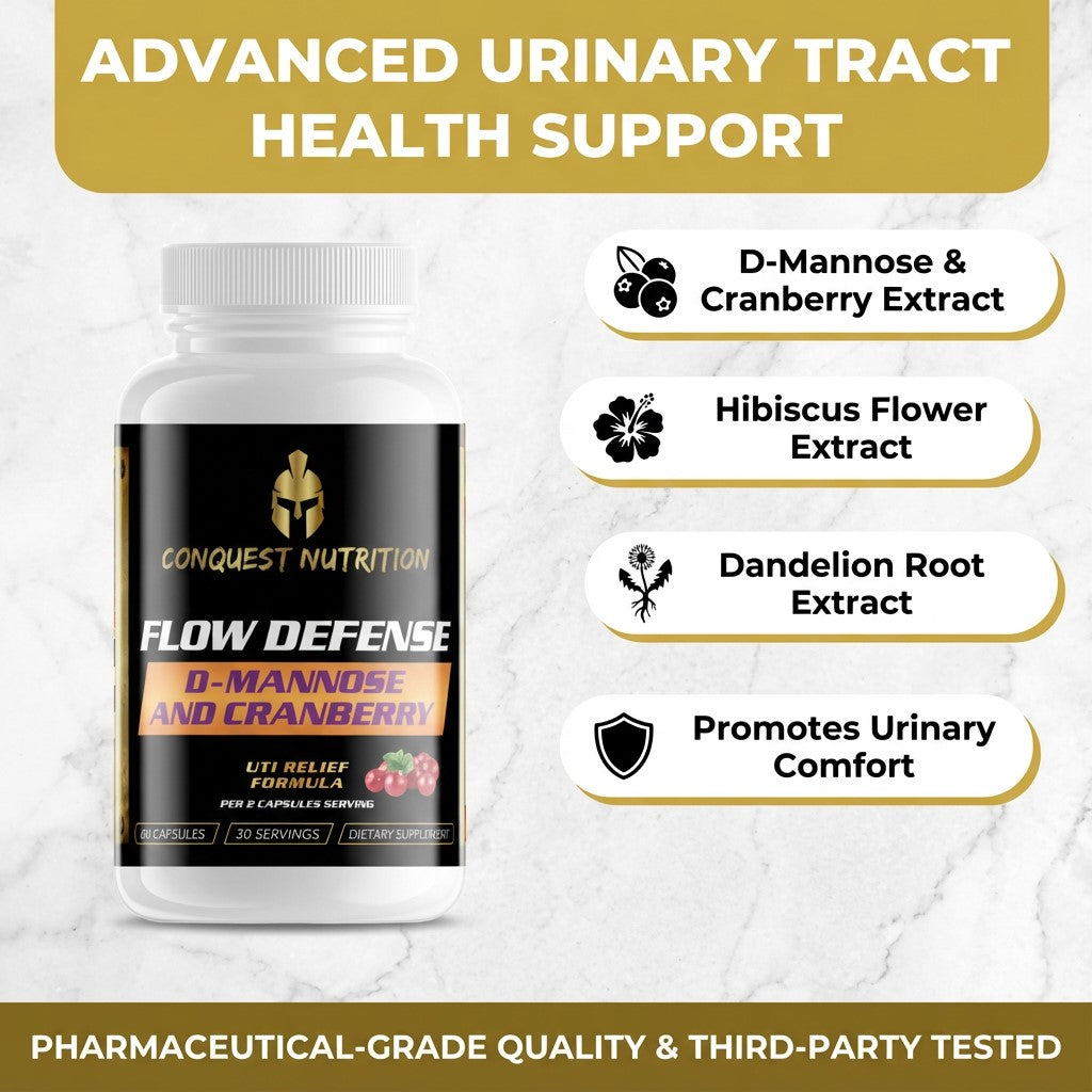 Supplement bottle labeled 'Flow Defense' by Conquest Nutrition for advanced urinary tract health support on a light gray background.