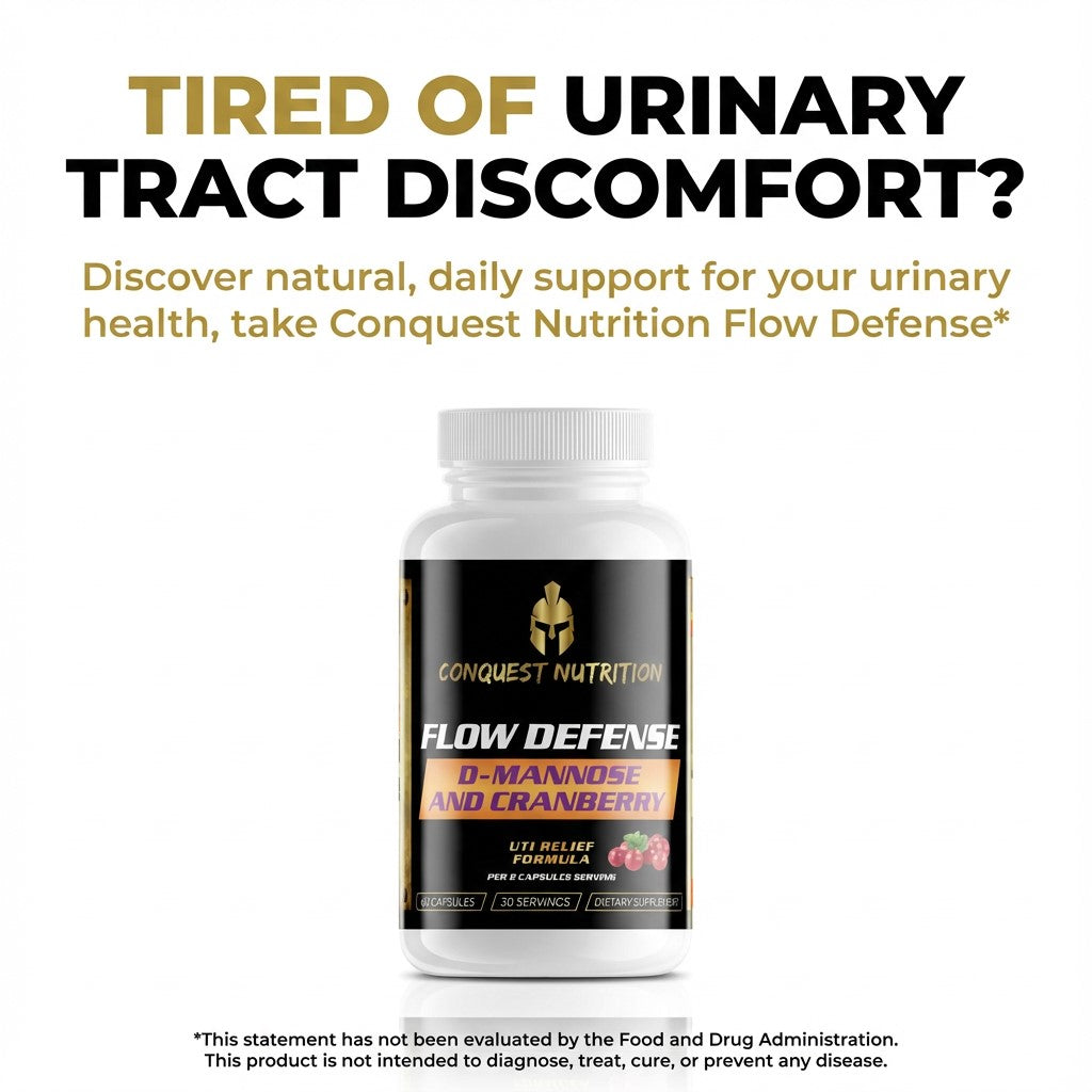 Bottle of Conquest Nutrition Flow Defense supplement with text about urinary tract discomfort on a white background