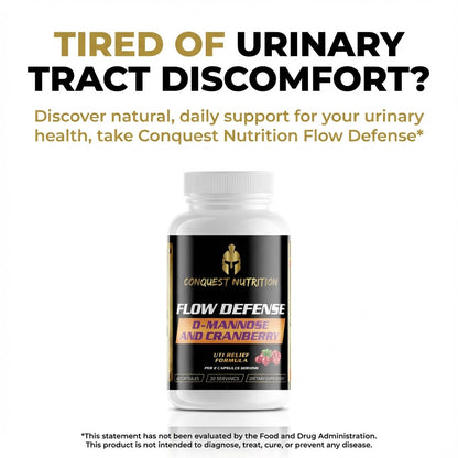 Bottle of Conquest Nutrition Flow Defense supplement with text about urinary tract discomfort on a white background