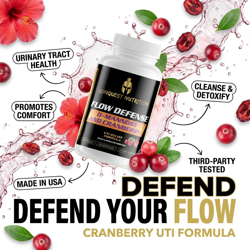 Conquest Nutrition Flow Defense supplement bottle with cranberries and floral elements on a white background