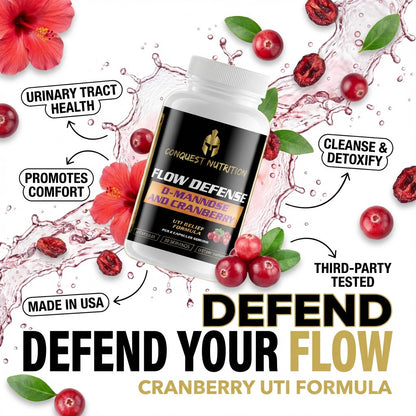 Conquest Nutrition Flow Defense supplement bottle with cranberries and floral elements on a white background