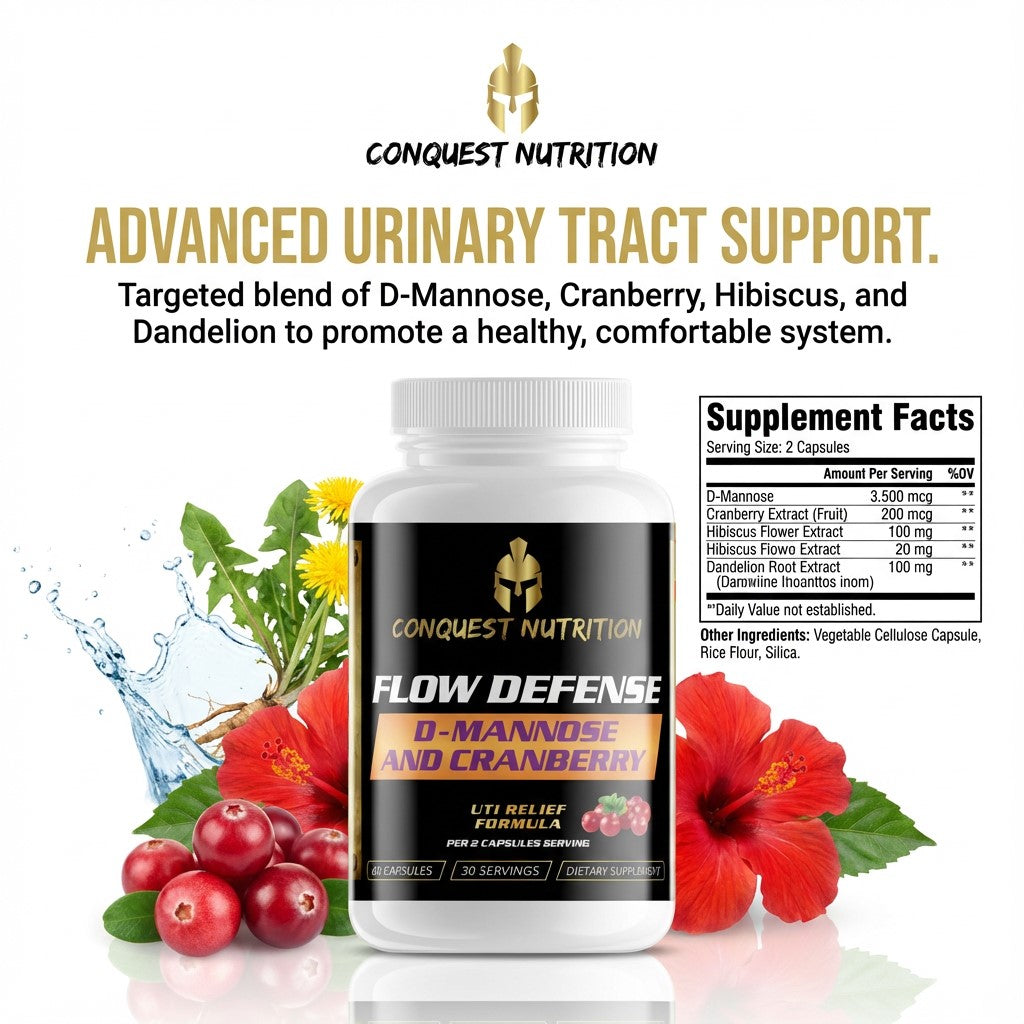 Conquest Nutrition Flow Defense supplement bottle with flowers and water droplets on a white background