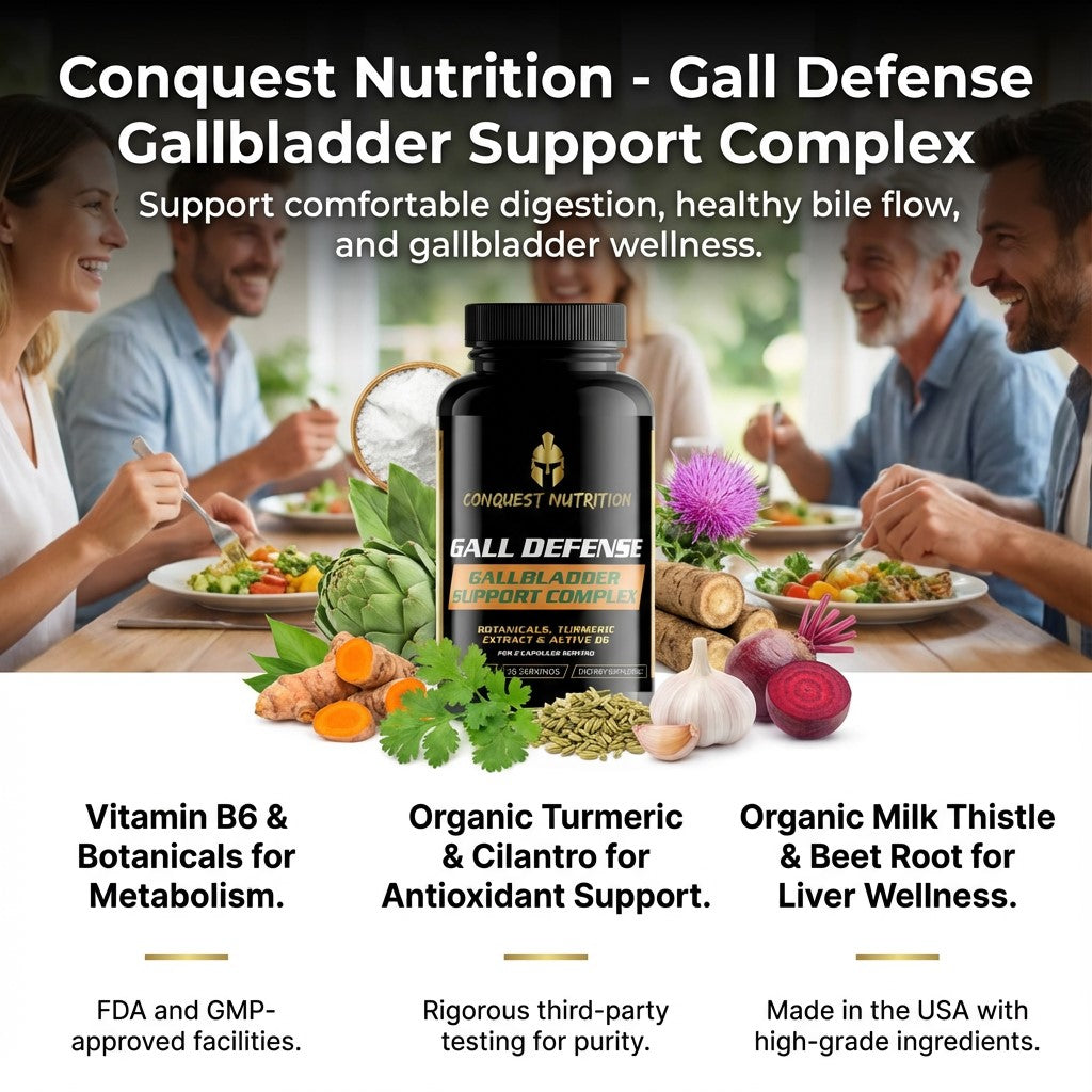 Advertisement for Conquest Nutrition Gall Defense Gallbladder Support Complex with people eating a meal in the background.