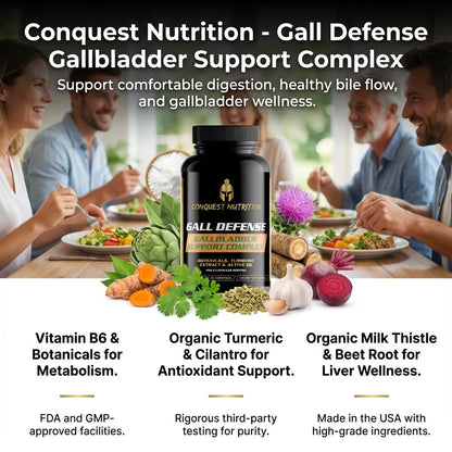Advertisement for Conquest Nutrition Gall Defense Gallbladder Support Complex with people eating a meal in the background.