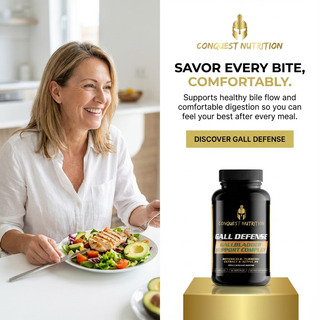 Woman eating a salad with a bottle of Conquest Nutrition Gall Defense supplement on a white background.