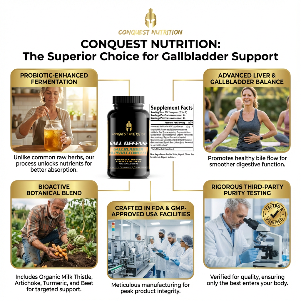Conquest Nutrition gallbladder support supplement with features and benefits on a white background