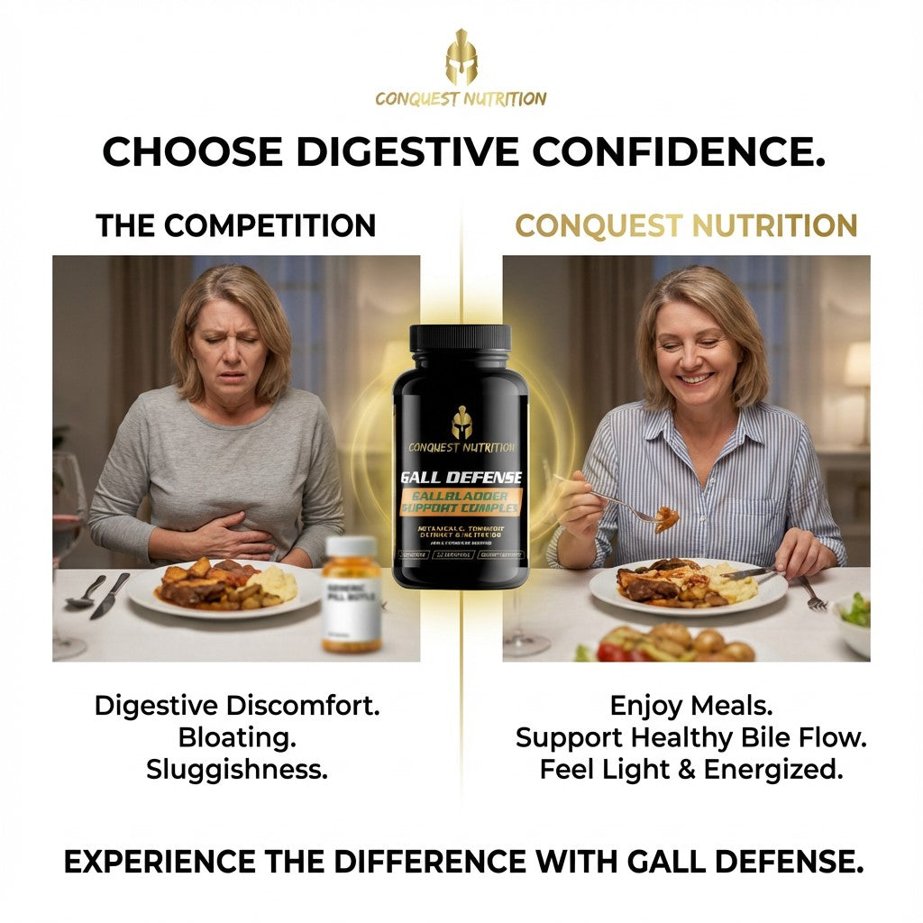 Advertisement for Conquest Nutrition's Gall Defense supplement showing a woman with digestive issues and then enjoying a meal.