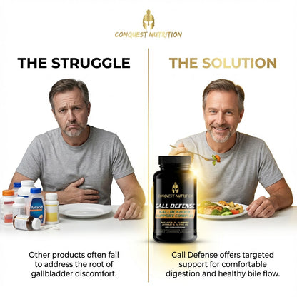 Comparison of a man with gallbladder discomfort on the left and with a supplement on the right, labeled 'The Struggle' and 'The Solution'.