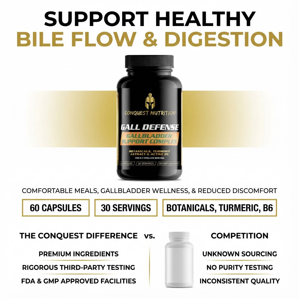 Conquest Nutrition Gall Defense supplement bottle with product details on a white background