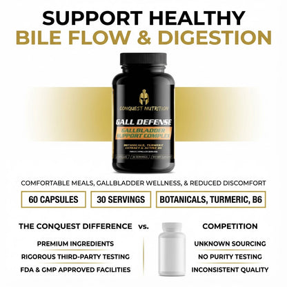 Conquest Nutrition Gall Defense supplement bottle with product details on a white background