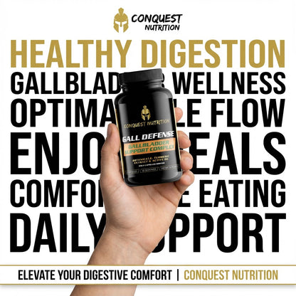 Hand holding a supplement bottle with 'Conquest Nutrition' branding against a promotional background.
