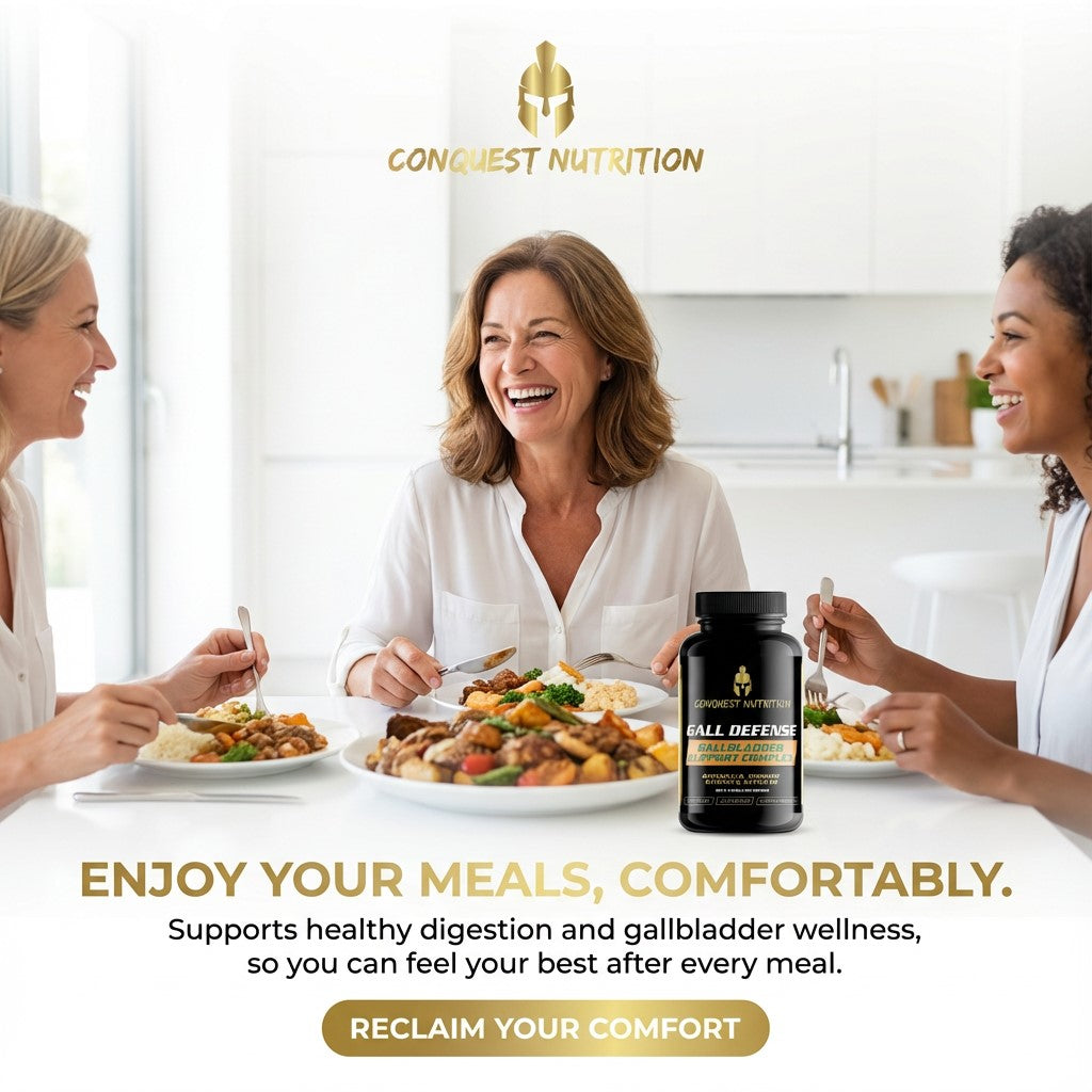 Three women enjoying a meal together with Conquest Nutrition gallbladder support supplement.