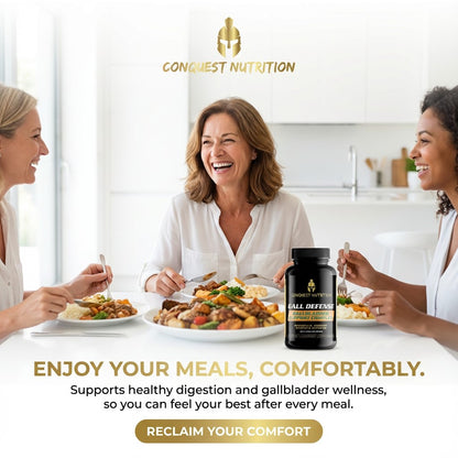 Three women enjoying a meal together with Conquest Nutrition gallbladder support supplement.