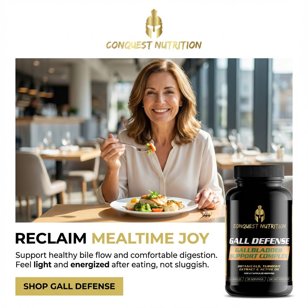 Woman eating a meal with Conquest Nutrition Gall Defense supplement bottle on a white background