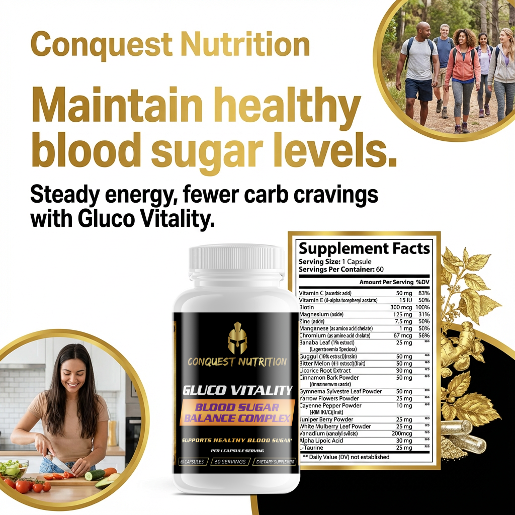 Conquest Nutrition Gluco Vitality supplement with lifestyle images and text about maintaining healthy blood sugar levels.