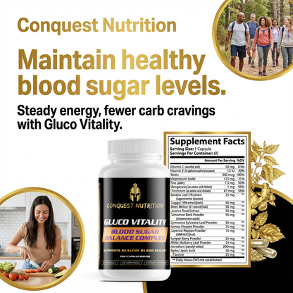 Conquest Nutrition Gluco Vitality supplement with lifestyle images and text about maintaining healthy blood sugar levels.