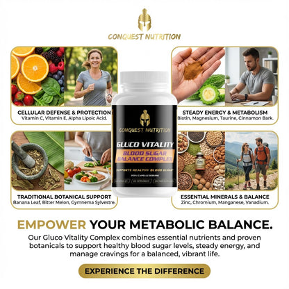 Advertisement for Conquest Nutrition Gluco Vitality supplement with images of people and natural elements.