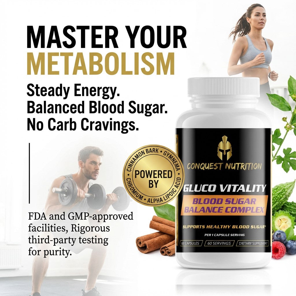 Bottle of Conquest Nutrition Gluco Vitality supplement with lifestyle images and text about metabolism and energy.