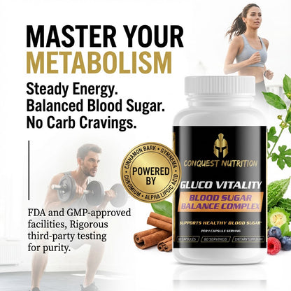 Bottle of Conquest Nutrition Gluco Vitality supplement with lifestyle images and text about metabolism and energy.