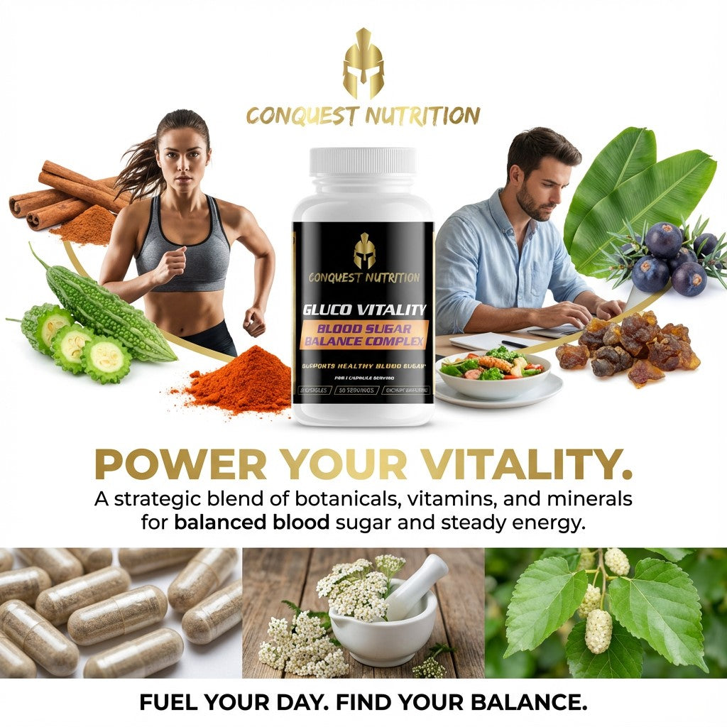 Conquest Nutrition Gluco Vitality supplement with lifestyle images and product details.
