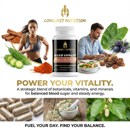 Conquest Nutrition Gluco Vitality supplement with lifestyle images and product details.